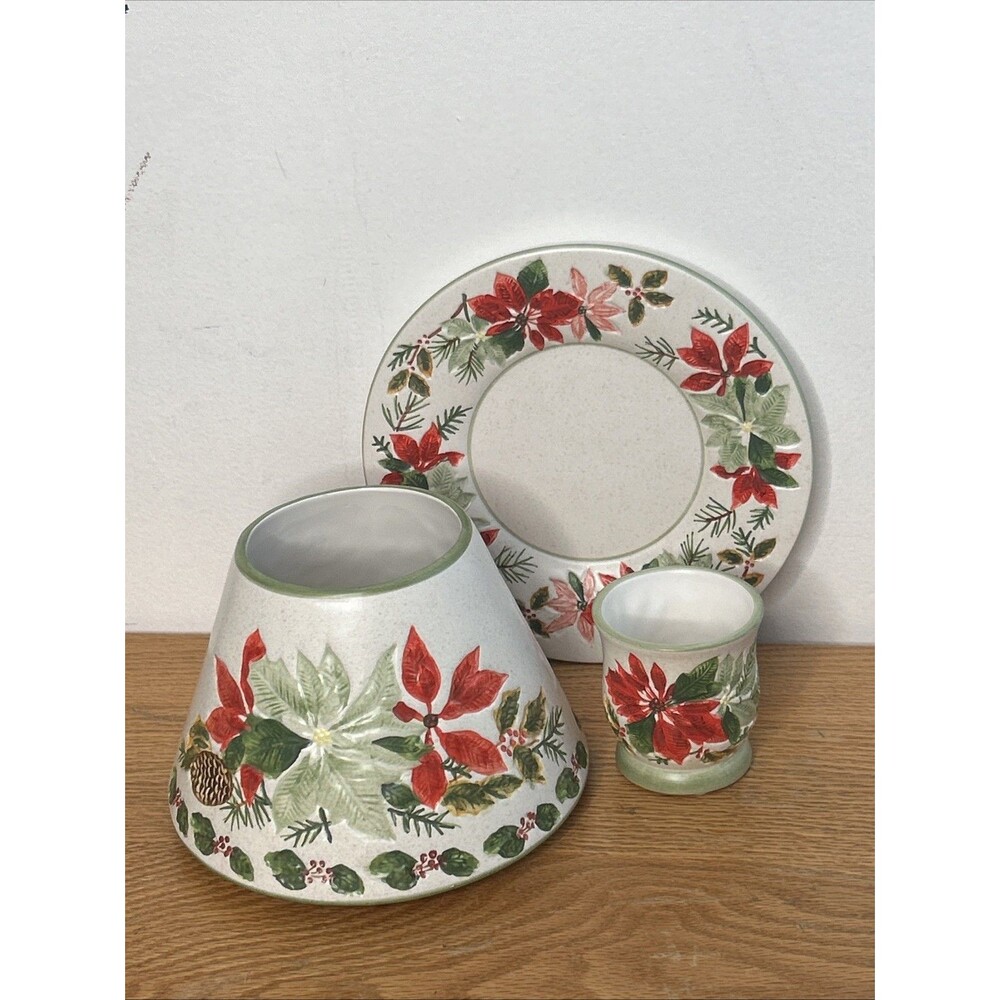 Yankee Candle Christmas Poinsettia Large Ceramic Jar Topper Shade, holder, Plate - Picture 2 of 5
